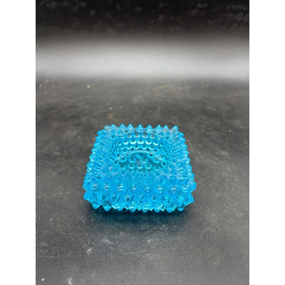 Blue Hobnail Glass Candle Holder Square‎ Turquoise Trinket Dish Vintage Style
